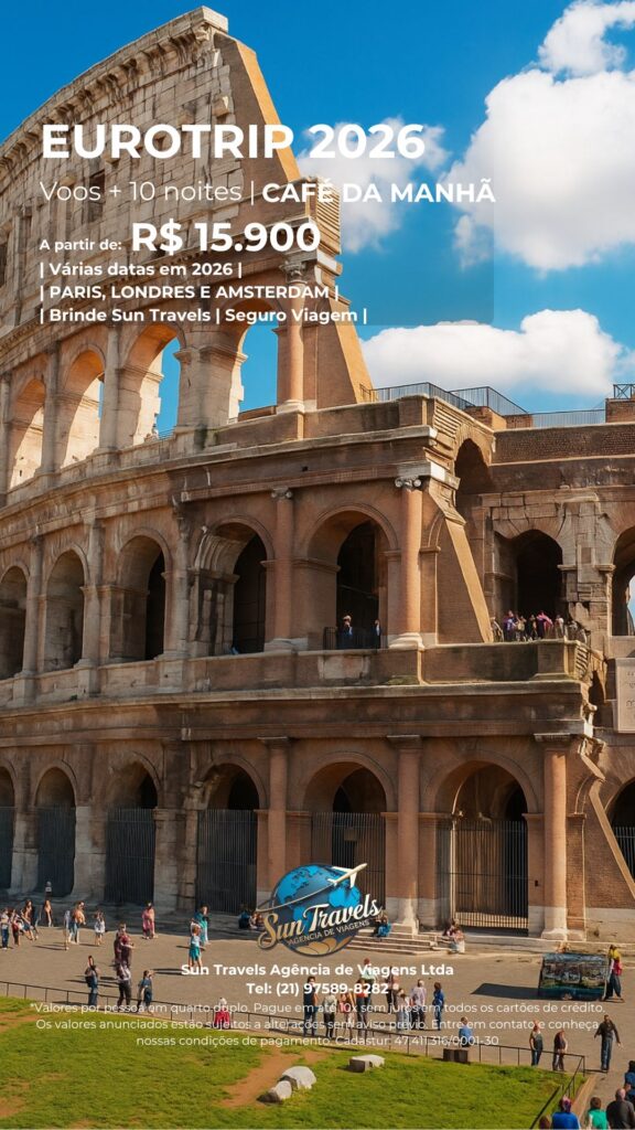 Colagem de pontos turísticos da Europa, incluindo Londres e Roma. Consultoria para Eurotrip personalizada na Sun Travels.