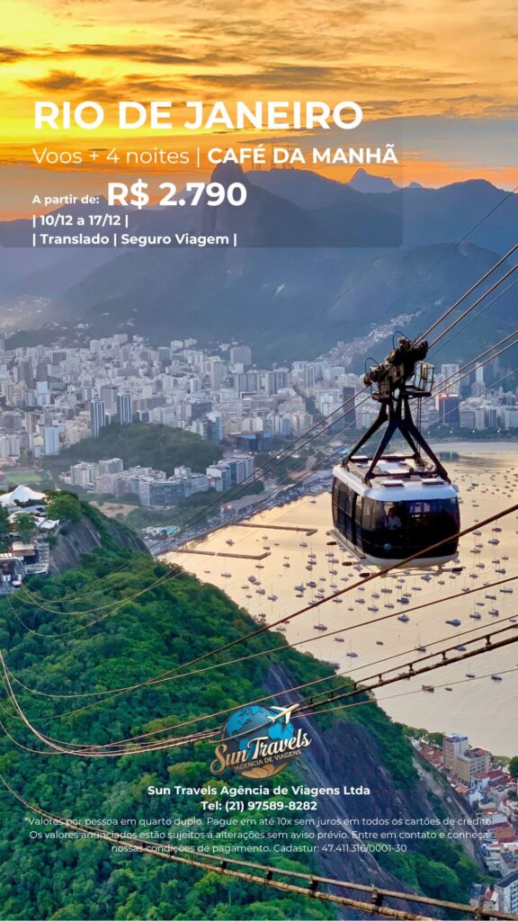 Vista aérea do Cristo Redentor e Pão de Açúcar no Rio de Janeiro. Sua agência de viagens no RJ é a Sun Travels.