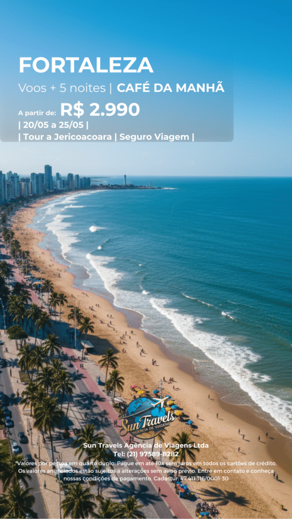 Praia de Iracema em Fortaleza com coqueiros ao pôr do sol. Reserve seu pacote para o Ceará com a Sun Travels.